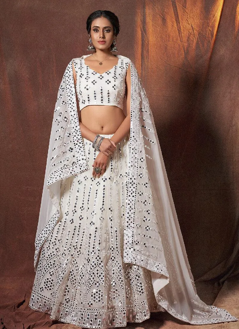 Angelic White Mirror Work Georgette Lehenga Choli Set