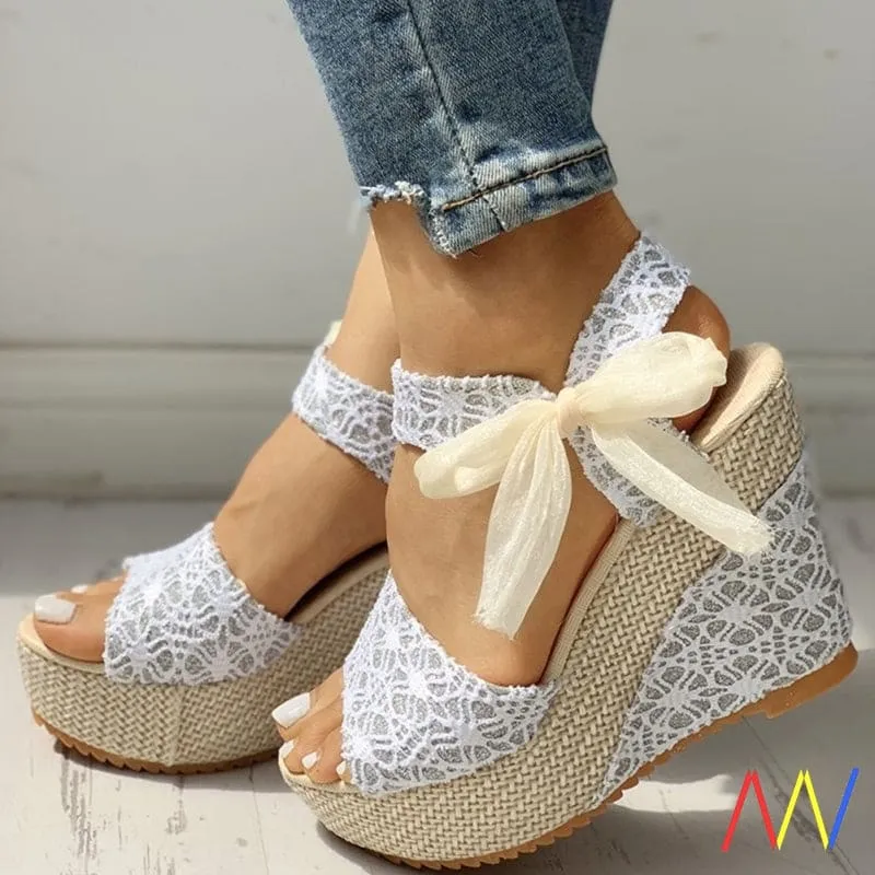 Ankle Strap Bow Decor Espadrille Wedge Sandals