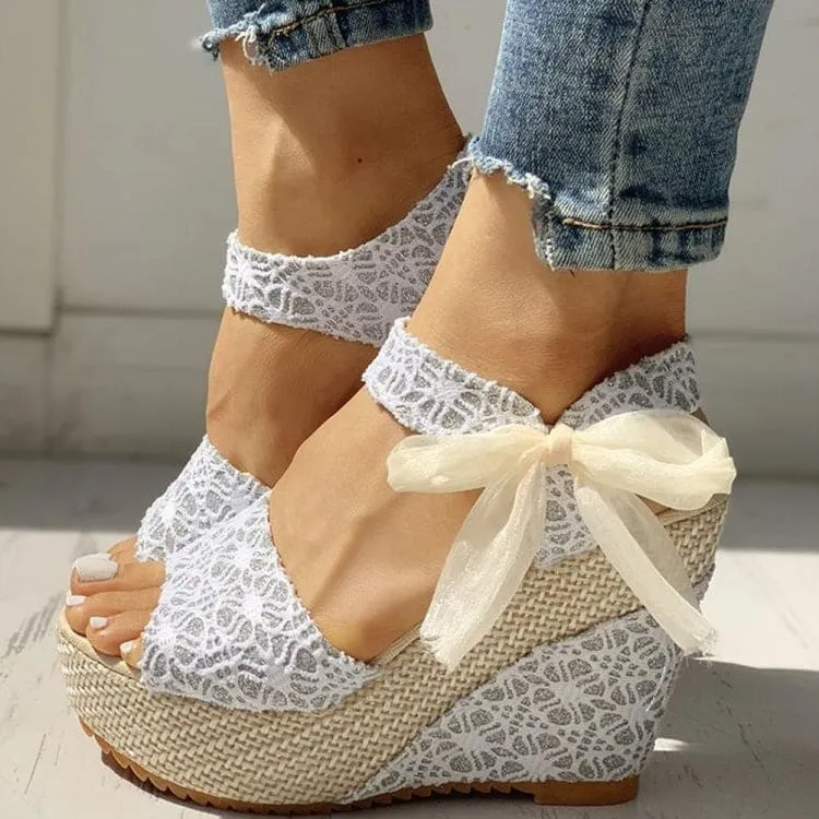 Ankle Strap Bow Decor Espadrille Wedge Sandals