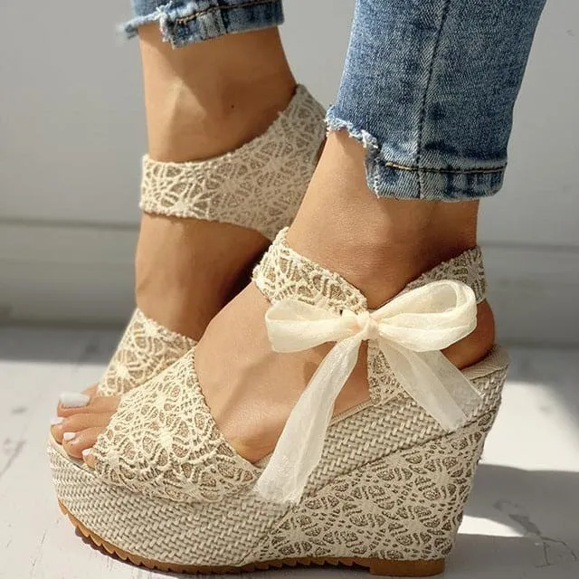 Ankle Strap Bow Decor Espadrille Wedge Sandals