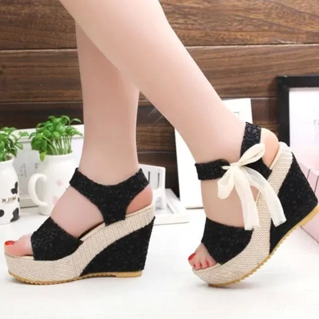 Ankle Strap Bow Decor Espadrille Wedge Sandals