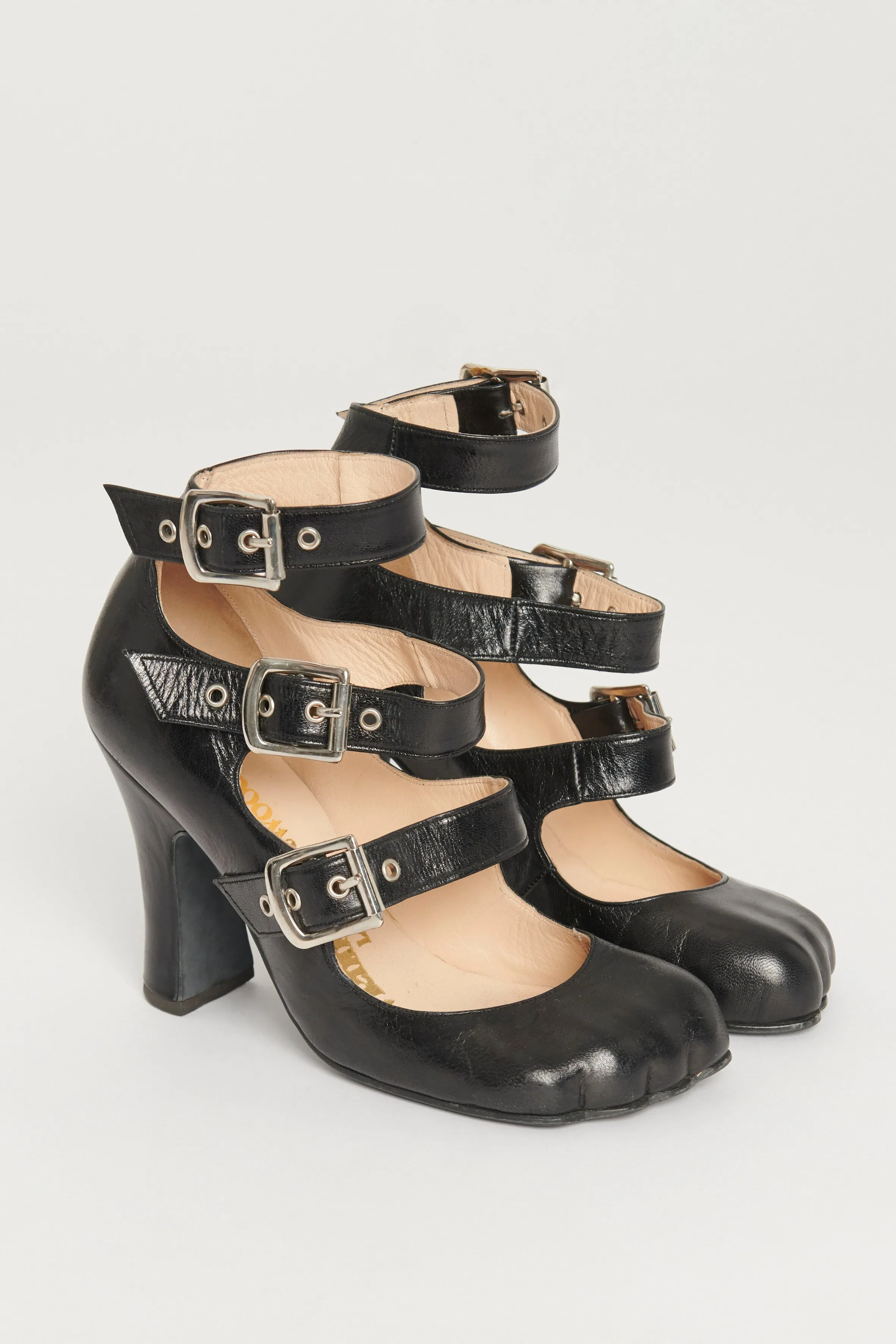 Black Leather Animal Toe Three Strap Preowned Heels