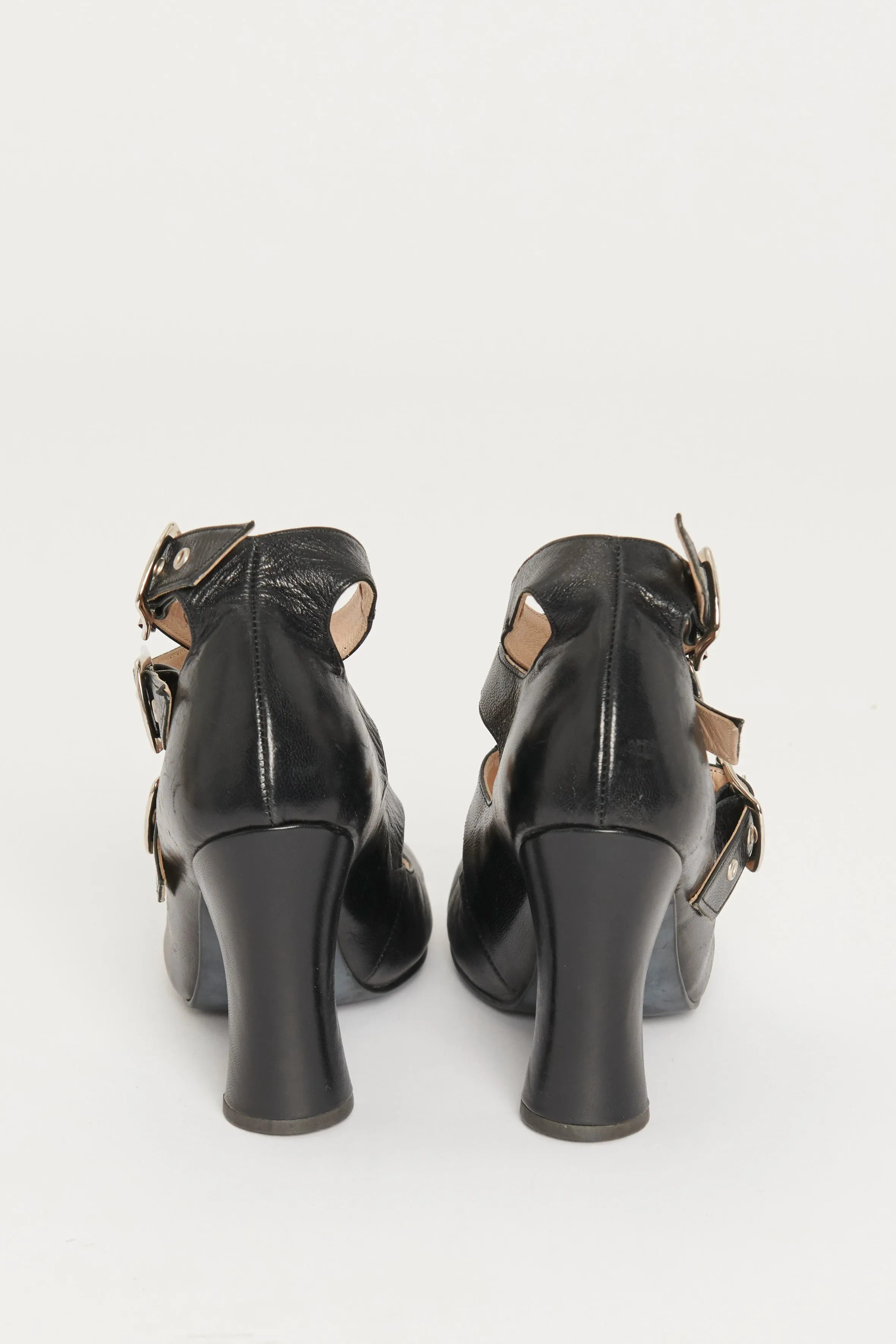 Black Leather Animal Toe Three Strap Preowned Heels