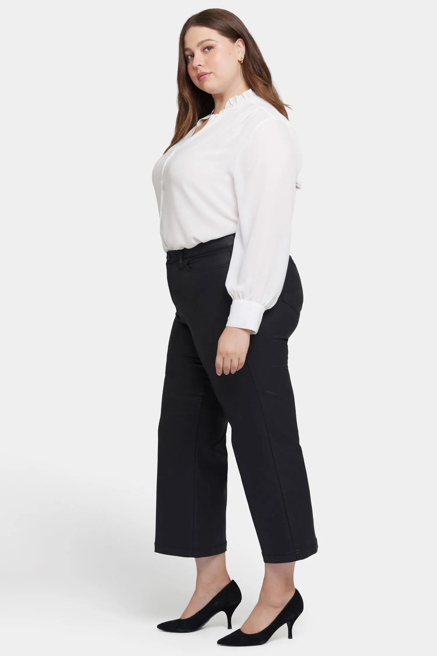 Coated Teresa Wide Leg Ankle Jeans In Plus Size - Black Coated