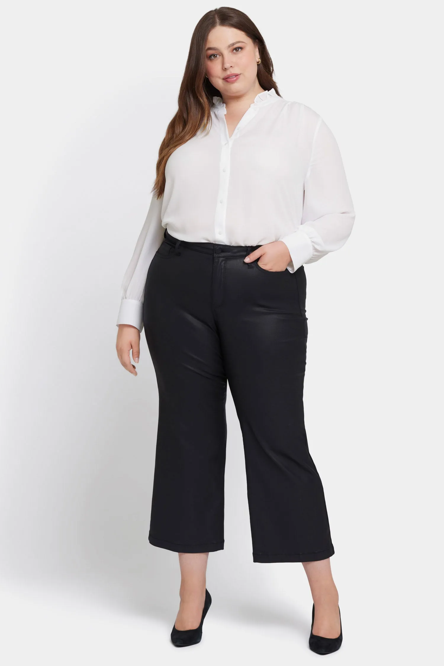 Coated Teresa Wide Leg Ankle Jeans In Plus Size - Black Coated