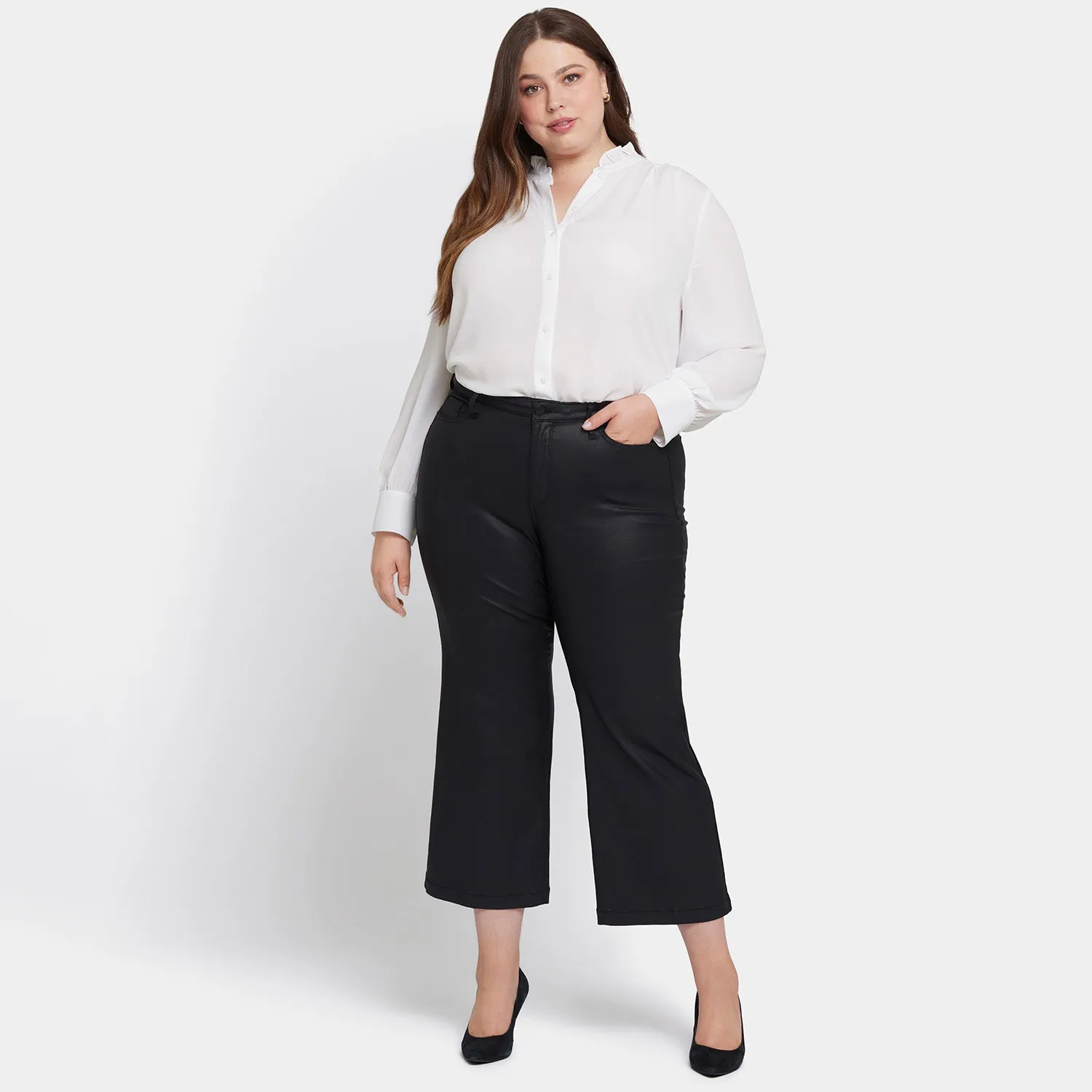 Coated Teresa Wide Leg Ankle Jeans In Plus Size - Black Coated