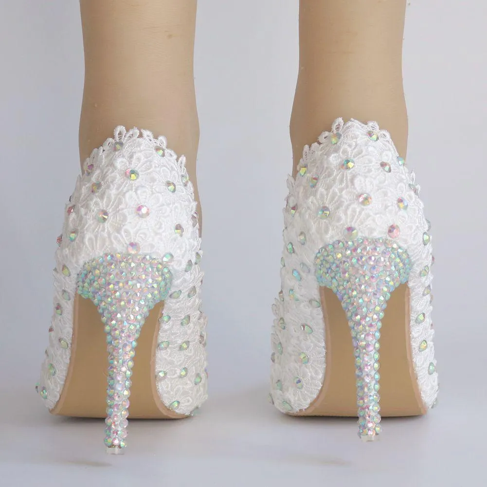 Elegant white floral lace rhinestone wedding stiletto heels