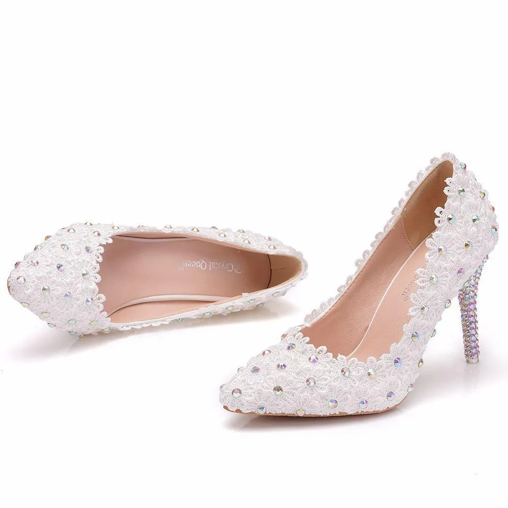 Elegant white floral lace rhinestone wedding stiletto heels