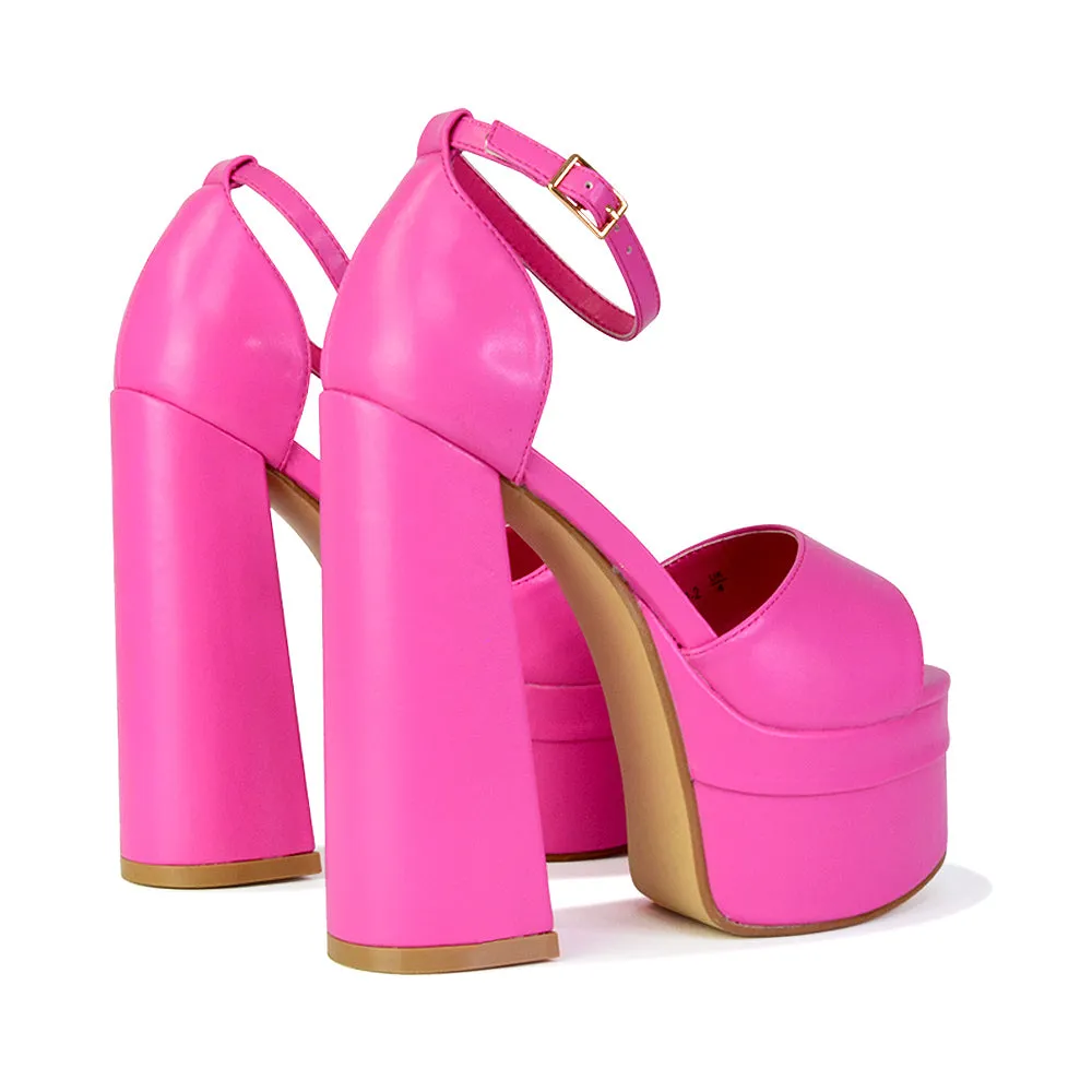 Elma Peep Toe Strappy Block High Heel Platform Sandals in Fuchsia