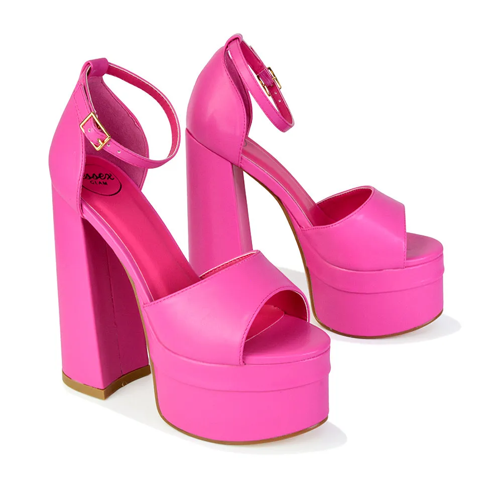 Elma Peep Toe Strappy Block High Heel Platform Sandals in Fuchsia