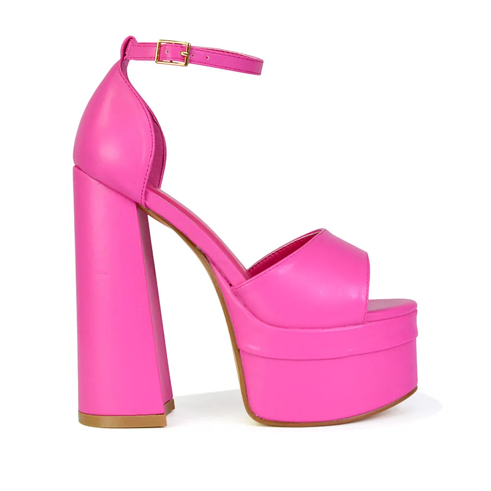 Elma Peep Toe Strappy Block High Heel Platform Sandals in Fuchsia