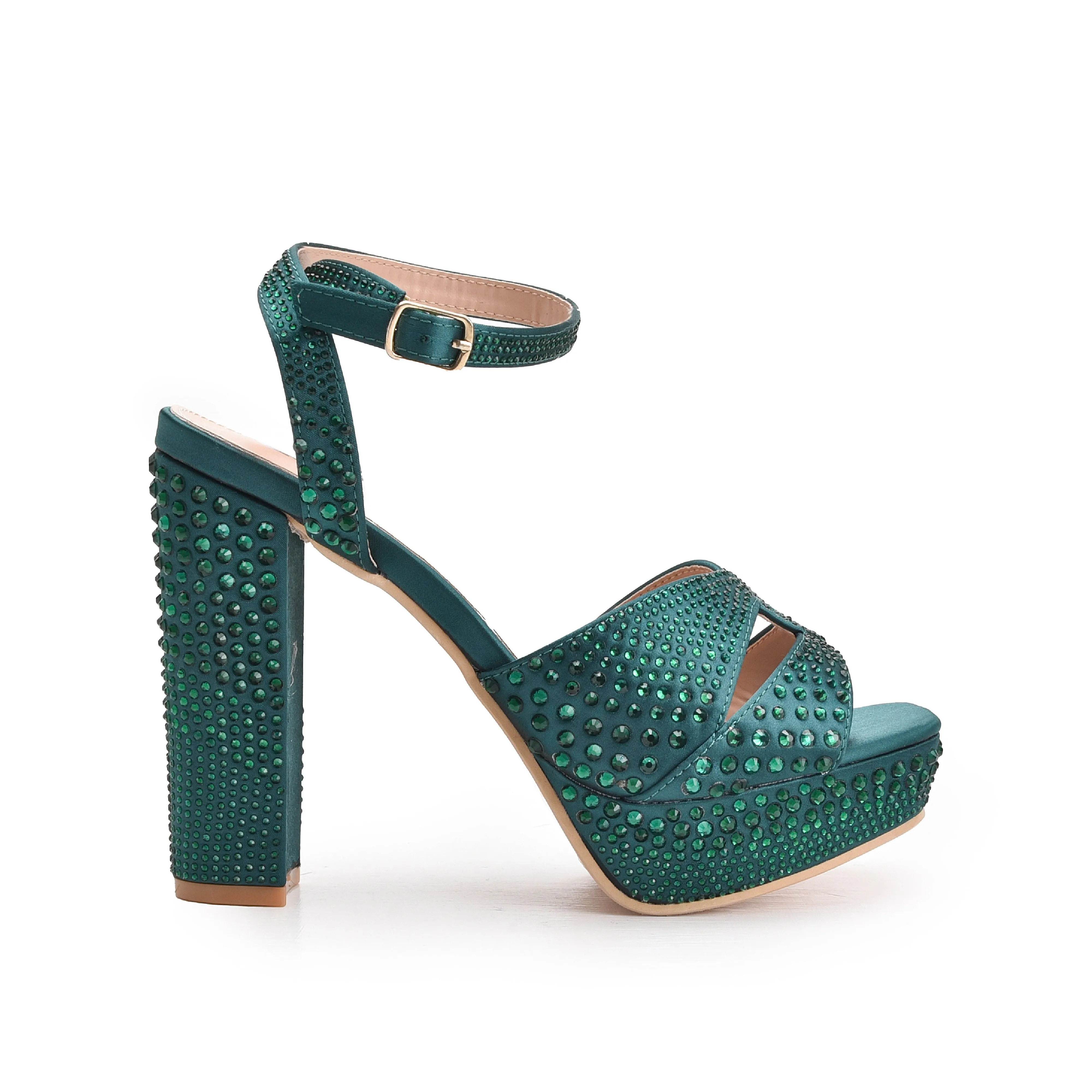 Glamorous Teal Block Heel Sandals with Rhinestones | 262G-K