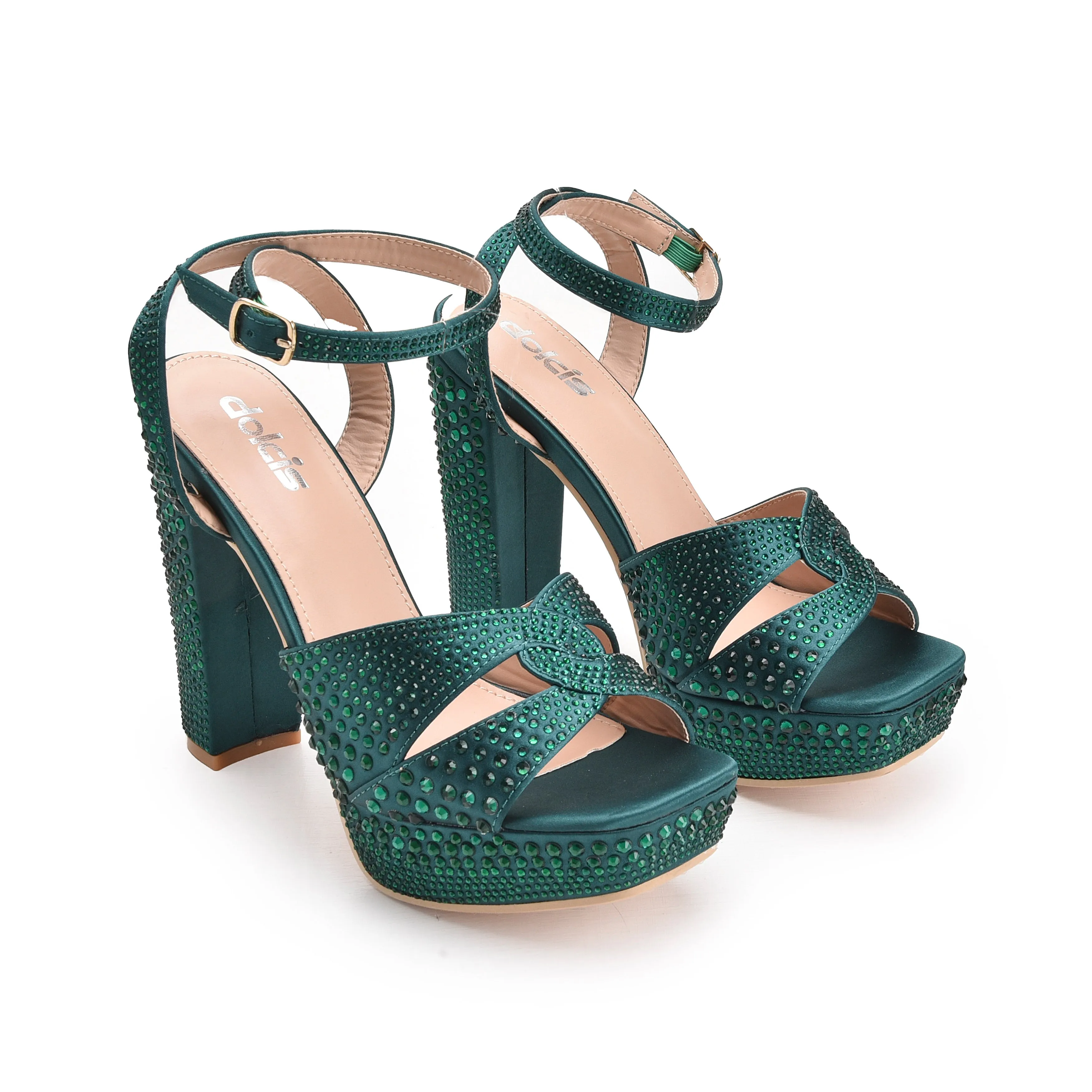 Glamorous Teal Block Heel Sandals with Rhinestones | 262G-K