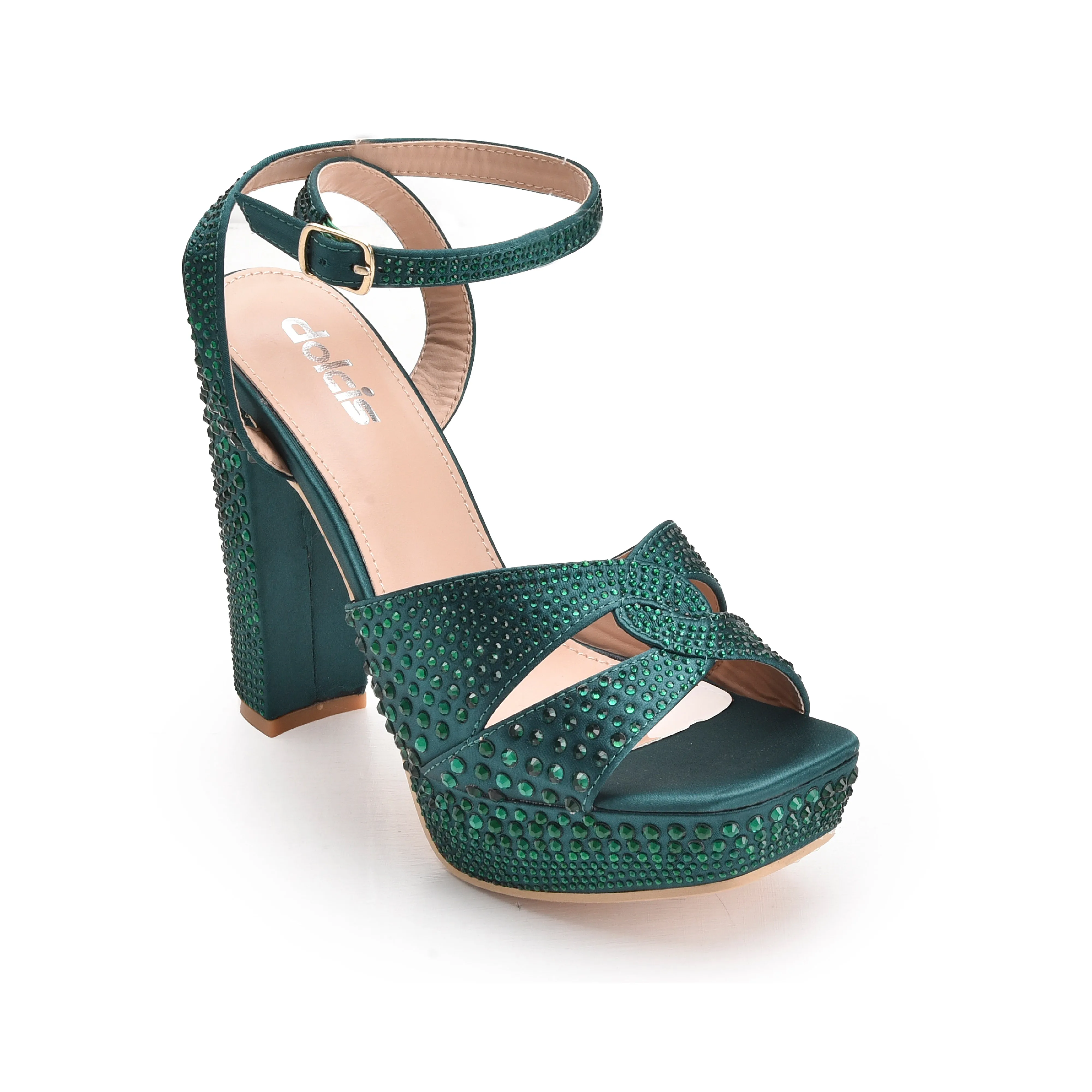 Glamorous Teal Block Heel Sandals with Rhinestones | 262G-K