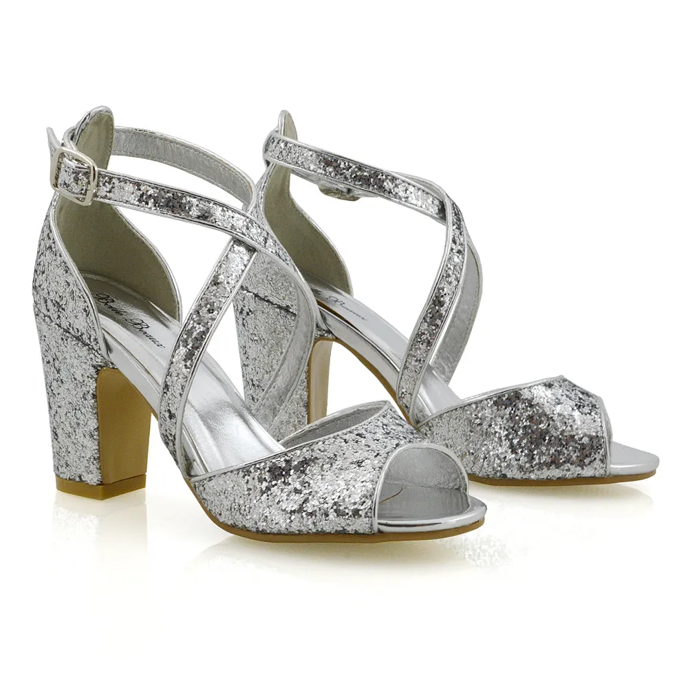 HARLOW CROSS OVER STRAPPY BUCKLE PEEP TOE BLOCK HIGH HEELS IN SILVER GLITTER