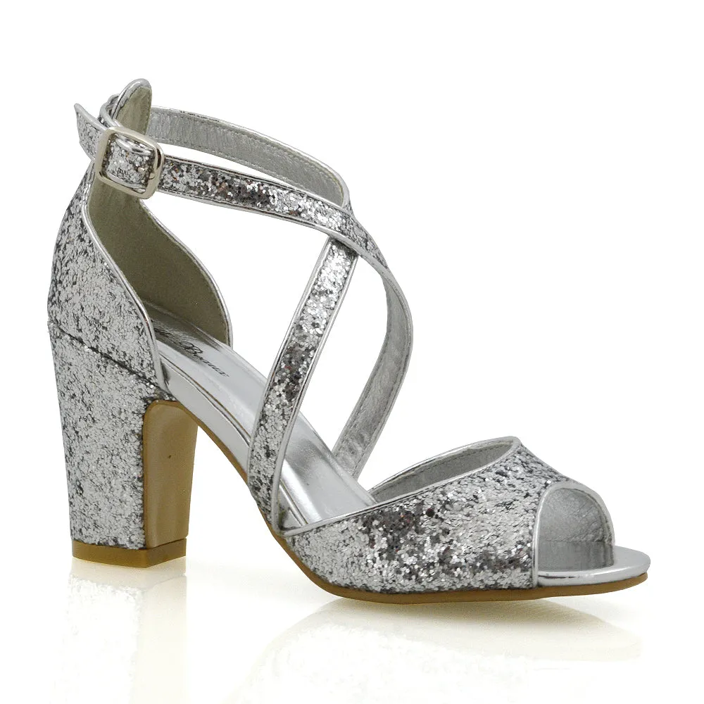 HARLOW CROSS OVER STRAPPY BUCKLE PEEP TOE BLOCK HIGH HEELS IN SILVER GLITTER