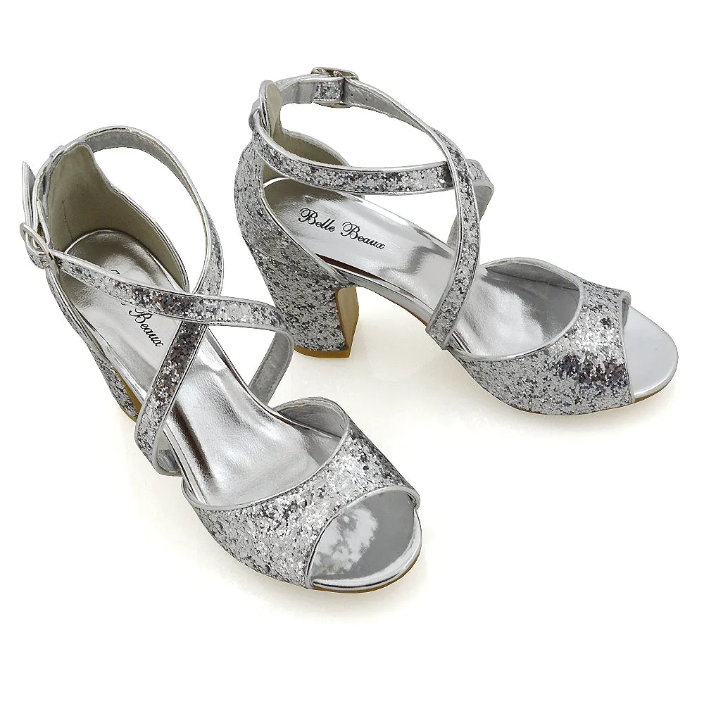 HARLOW CROSS OVER STRAPPY BUCKLE PEEP TOE BLOCK HIGH HEELS IN SILVER GLITTER