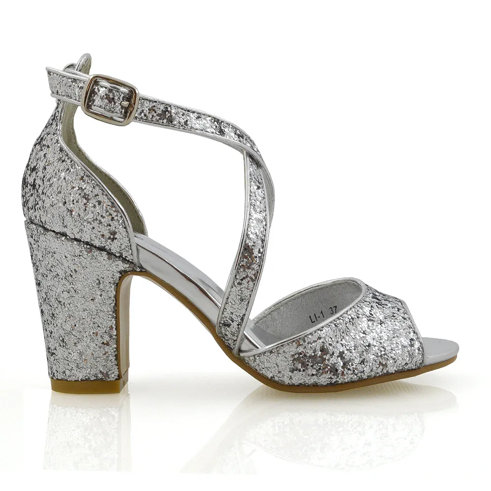 HARLOW CROSS OVER STRAPPY BUCKLE PEEP TOE BLOCK HIGH HEELS IN SILVER GLITTER