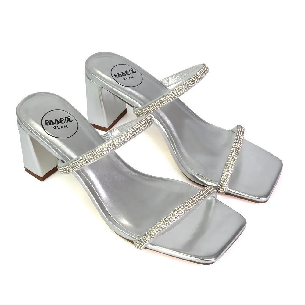 Holden Diamante Strap Square Toe Mid Block Heel Sandal Mules in Silver