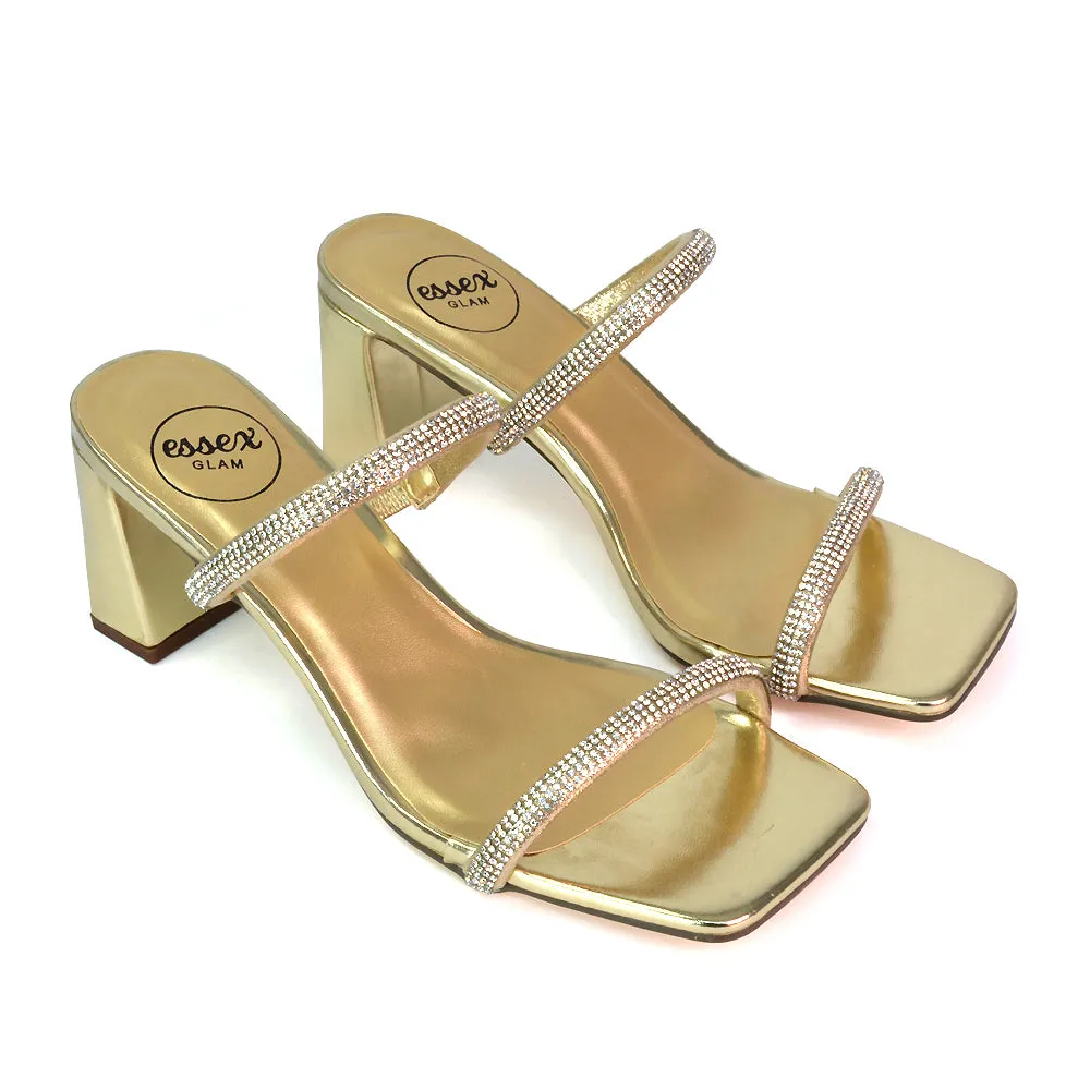 Holden Diamante Strap Square Toe Mid Block Heel Sandal Mules in Silver