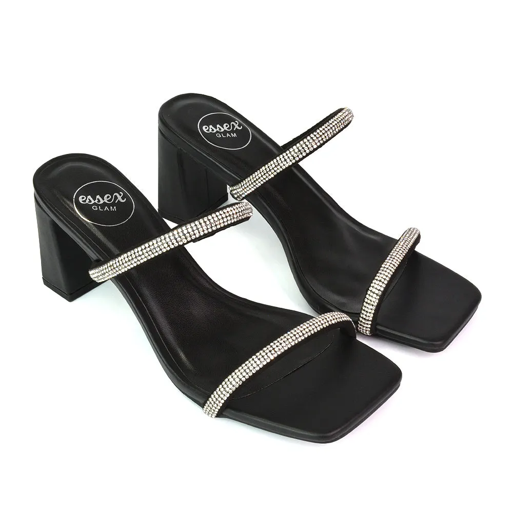 Holden Diamante Strap Square Toe Mid Block Heel Sandal Mules in Silver