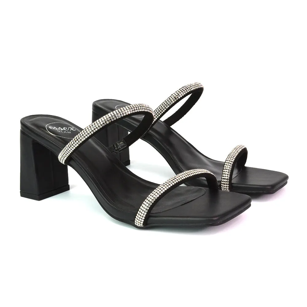 Holden Diamante Strap Square Toe Mid Block Heel Sandal Mules in Silver