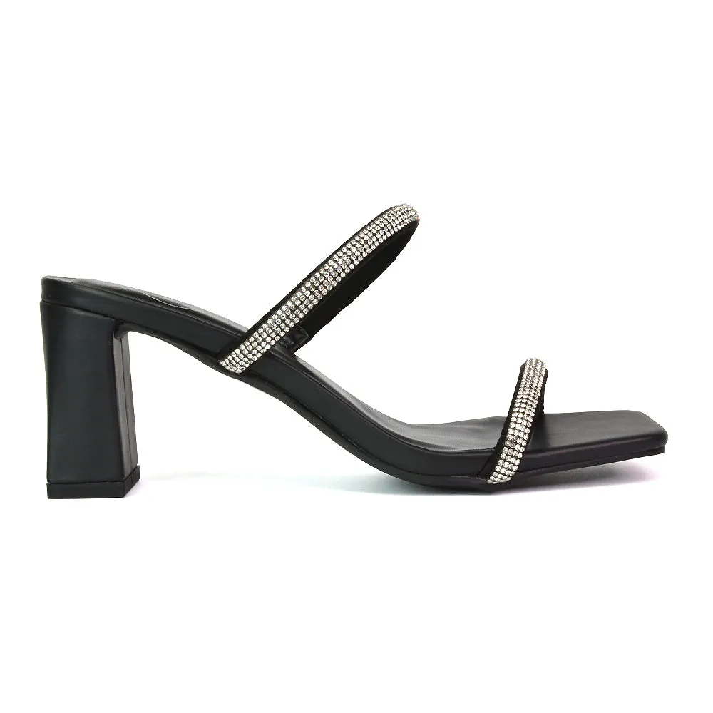 Holden Diamante Strap Square Toe Mid Block Heel Sandal Mules in Silver