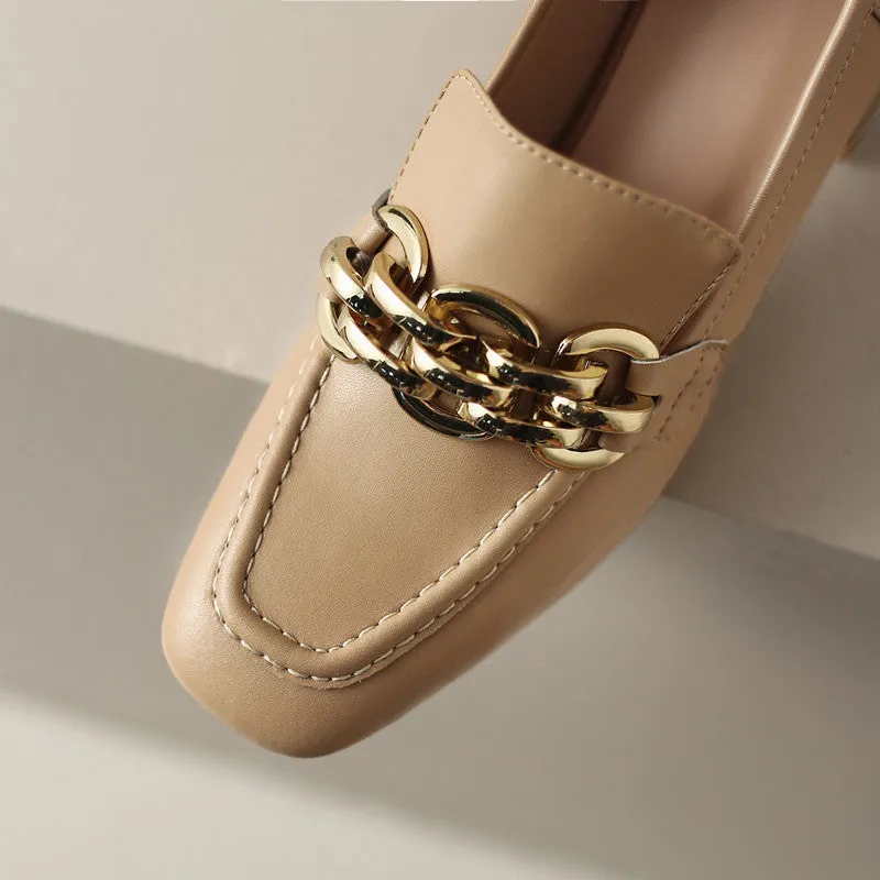 Isela Nude Square Toe Loafer Heels with Gold Chain