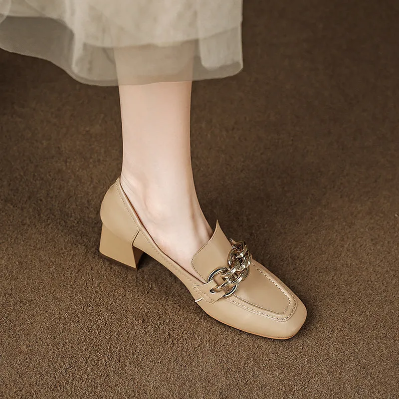 Isela Nude Square Toe Loafer Heels with Gold Chain