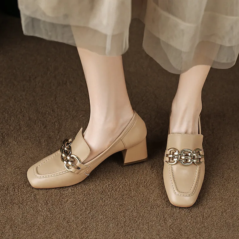 Isela Nude Square Toe Loafer Heels with Gold Chain