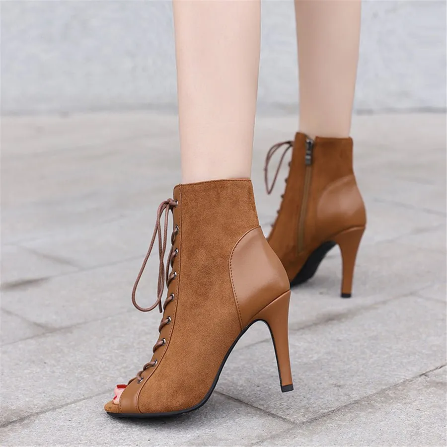 LaceLux Leather Lace-Up High Heels Pumps