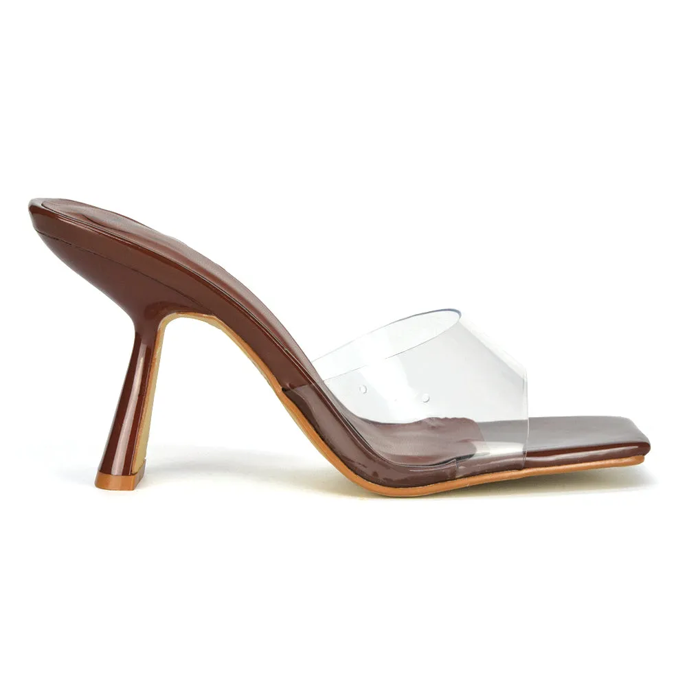 Lacie Square Toe Perspex Thin Block High Heel Mule Sandals in White Patent