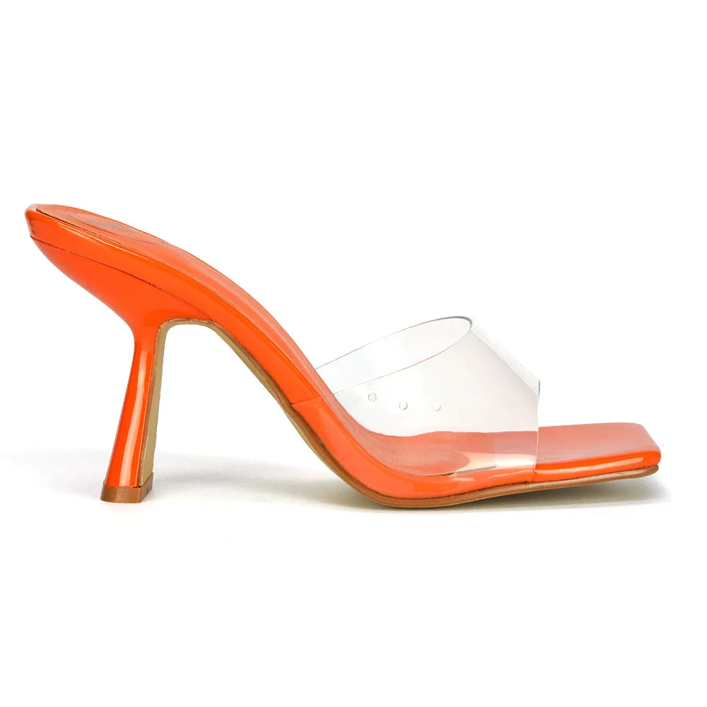 Lacie Square Toe Perspex Thin Block High Heel Mule Sandals in White Patent