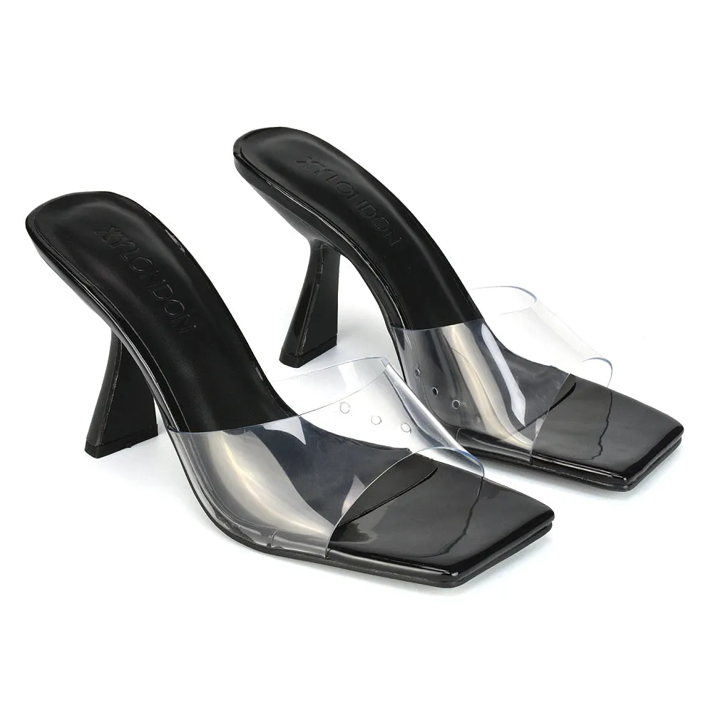 Lacie Square Toe Perspex Thin Block High Heel Mule Sandals in White Patent