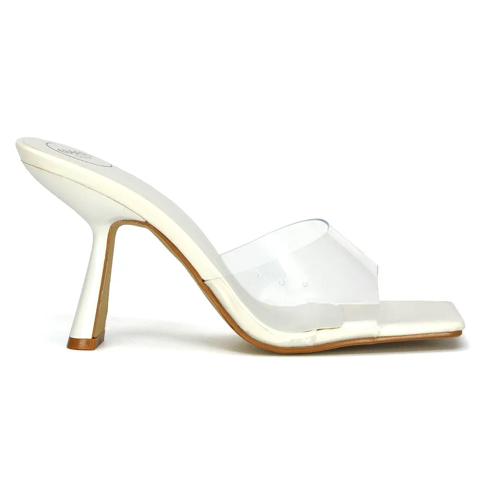 Lacie Square Toe Perspex Thin Block High Heel Mule Sandals in White Patent