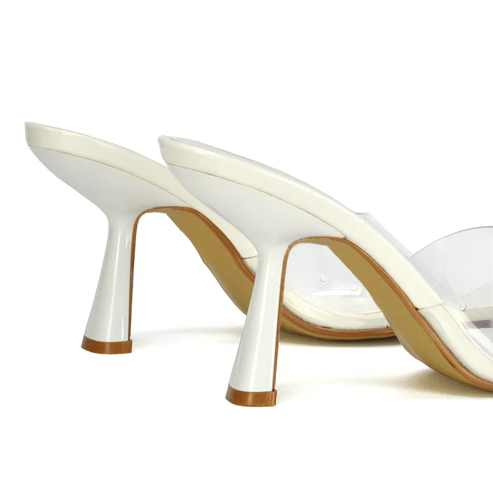 Lacie Square Toe Perspex Thin Block High Heel Mule Sandals in White Patent