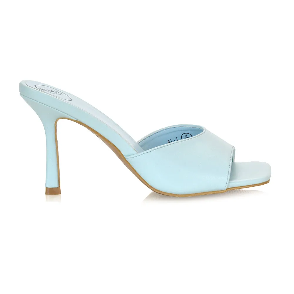 Libby Heeled Slip On Square Toe Mule Stiletto High Heels in Blue