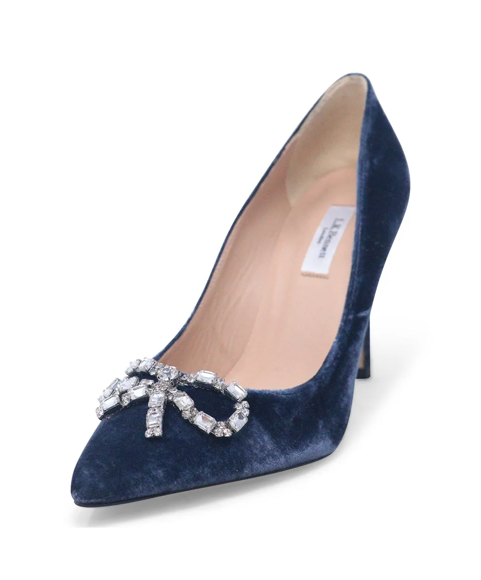 L.K. Bennett Navy Velvet Rhinestone Heels sz 8.5