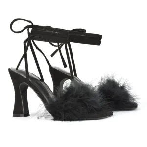 Lovelyn Fluffy Faux Fur Strappy Block Heel Lace Up Sandals in Black Faux Suede