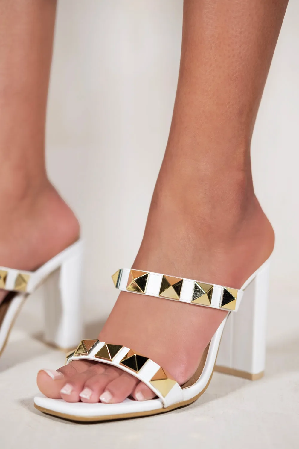 MAREN STRAPPY BLOCK HEEL WITH SQUARE TOE AND STUD DETAILS IN WHITE FAUX LEATHER