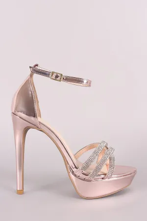 Qupid Metallic Rhinestone Ankle Strap Stiletto Platform Heel