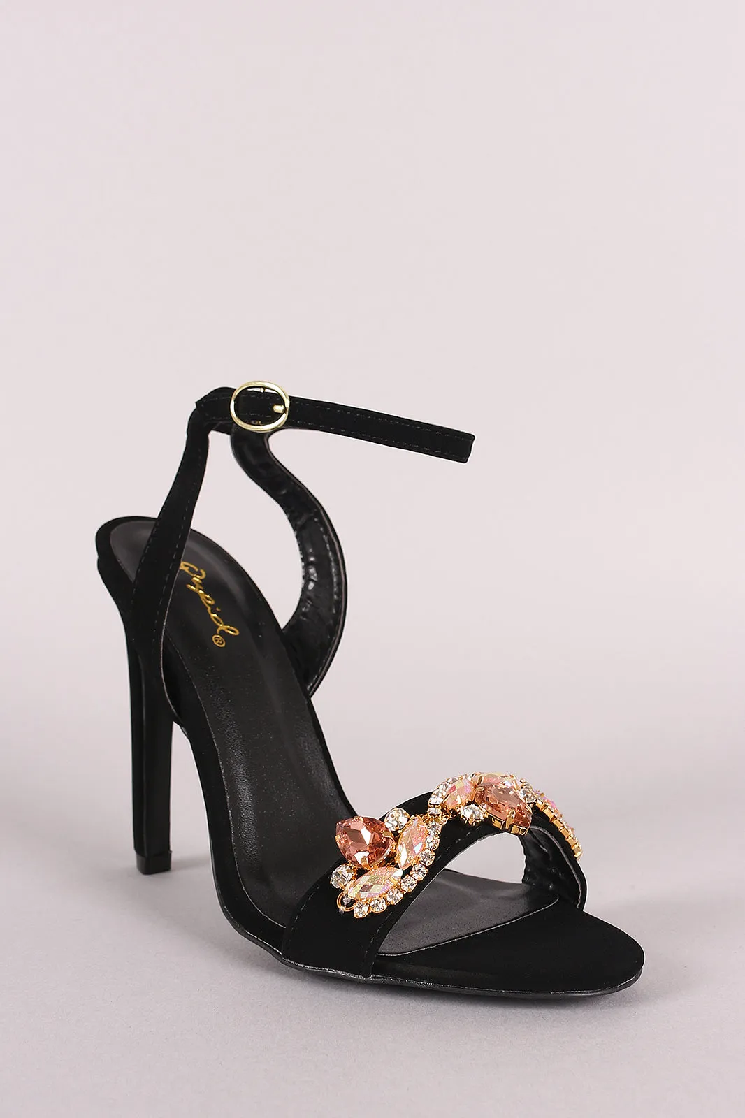 Qupid Nubuck Jeweled Ornament Ankle Strap Heel