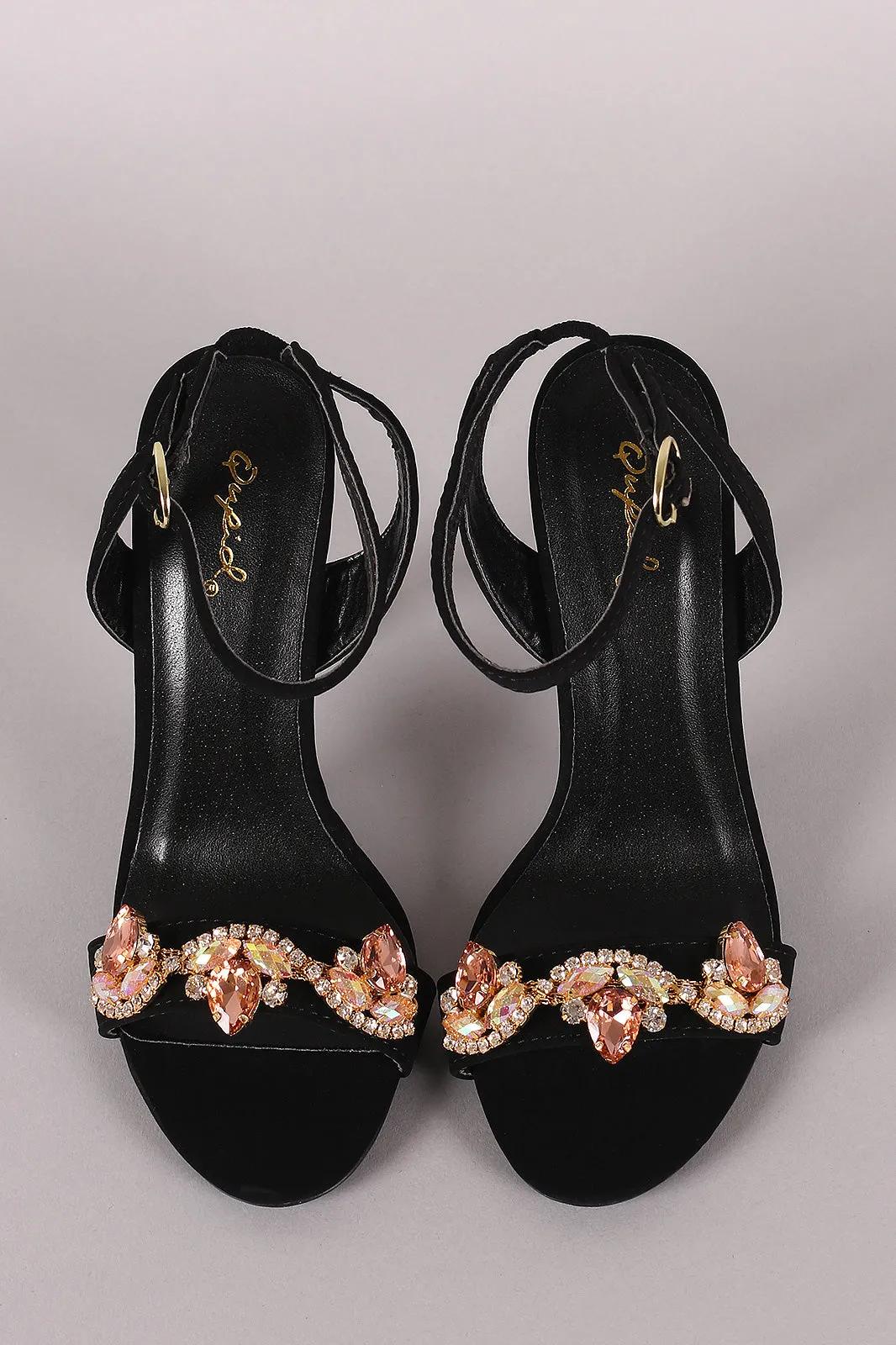 Qupid Nubuck Jeweled Ornament Ankle Strap Heel