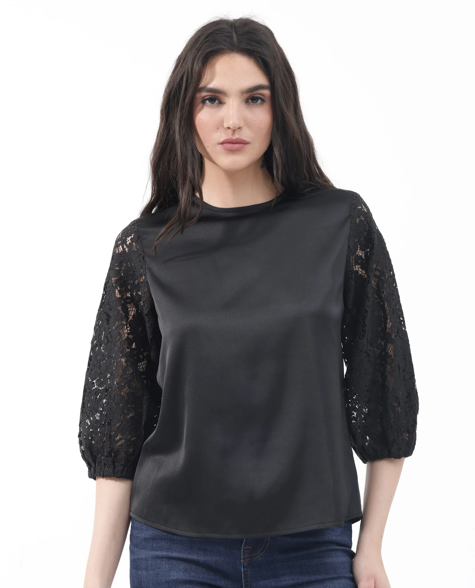 Rareism Women Norbury Black Polyester Fabric Balloon Sleeve Key Hole Neck Solid Regular Length Top