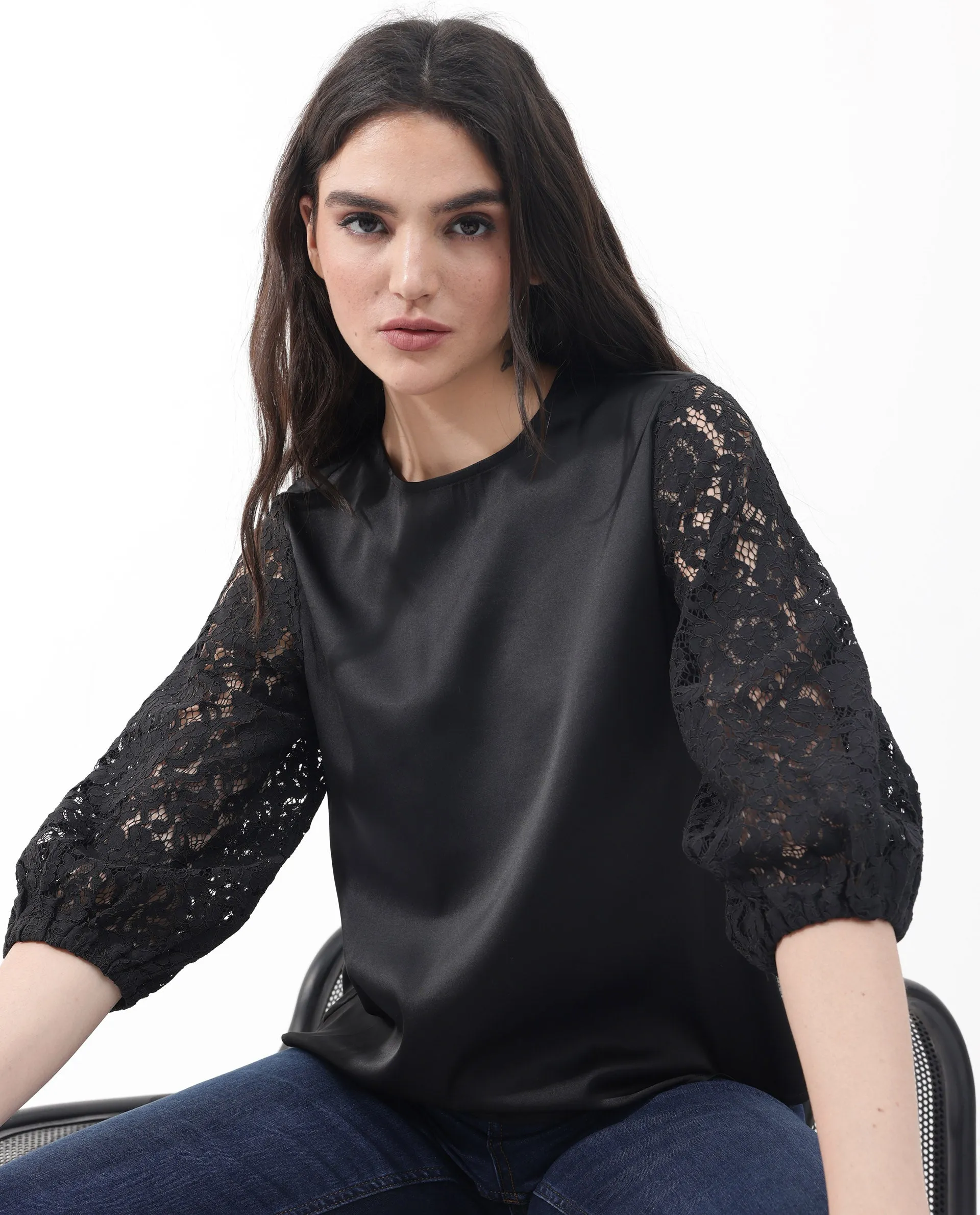 Rareism Women Norbury Black Polyester Fabric Balloon Sleeve Key Hole Neck Solid Regular Length Top