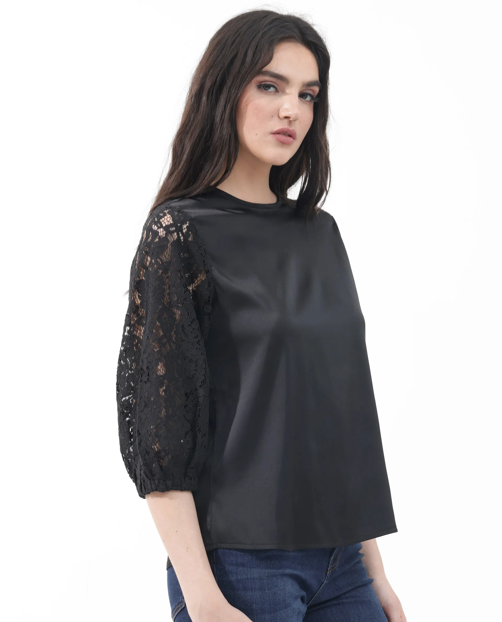 Rareism Women Norbury Black Polyester Fabric Balloon Sleeve Key Hole Neck Solid Regular Length Top