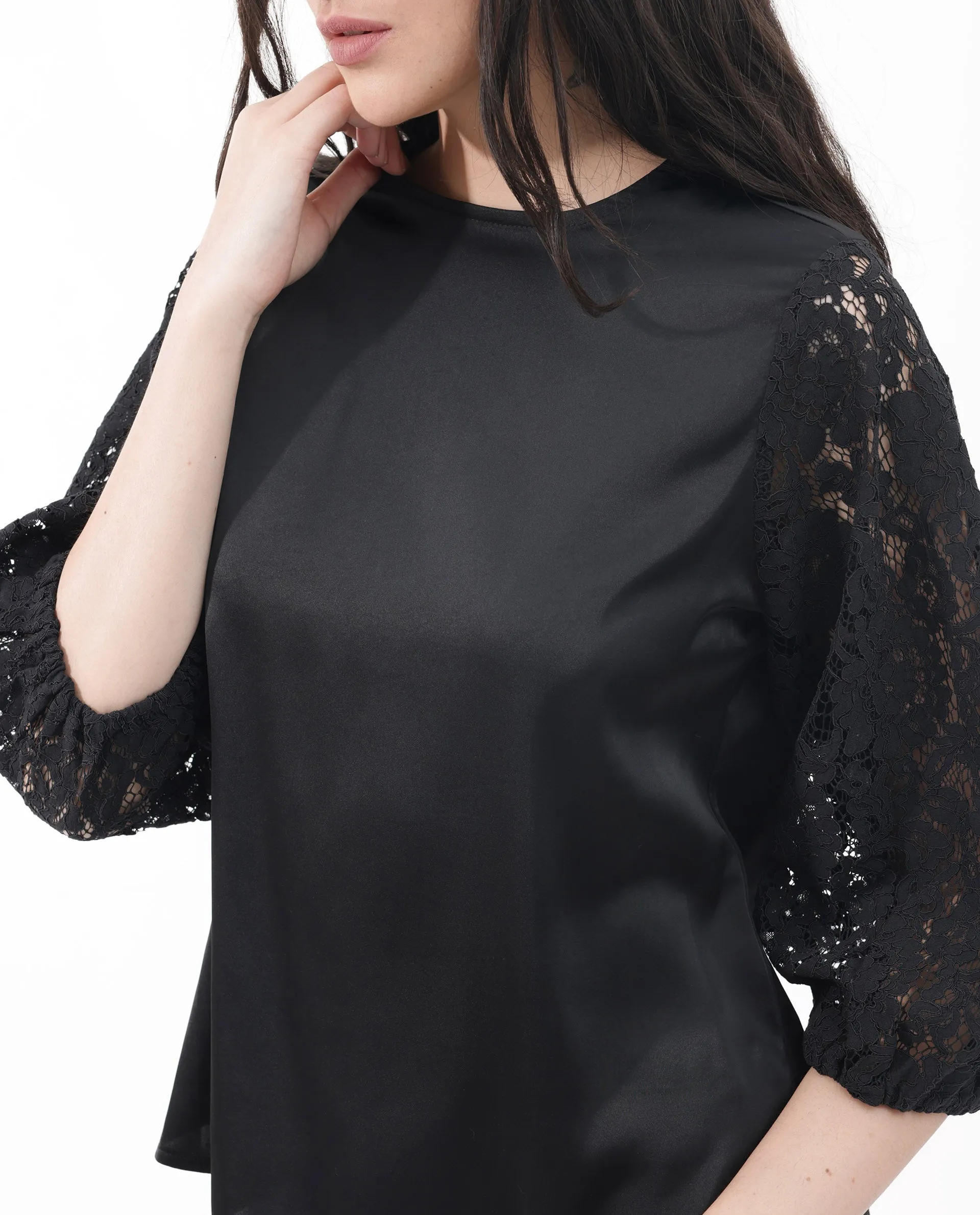 Rareism Women Norbury Black Polyester Fabric Balloon Sleeve Key Hole Neck Solid Regular Length Top