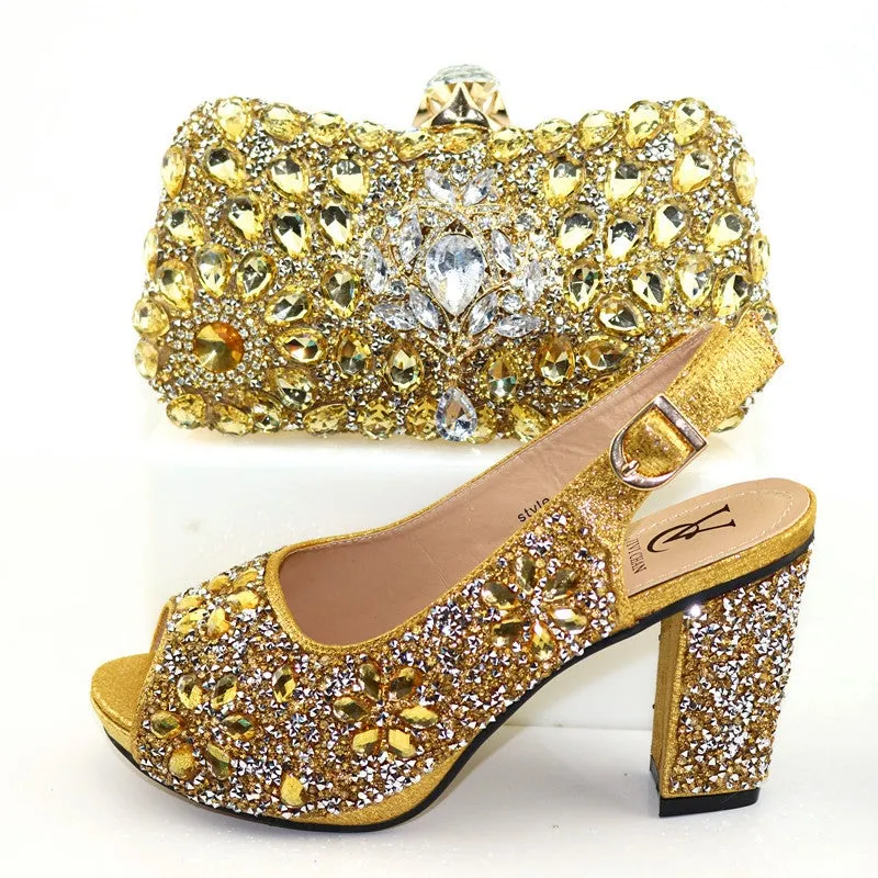 Rhinestone peep toe backstrap bridal heels with bag | Party banquet wedding dressy shoes