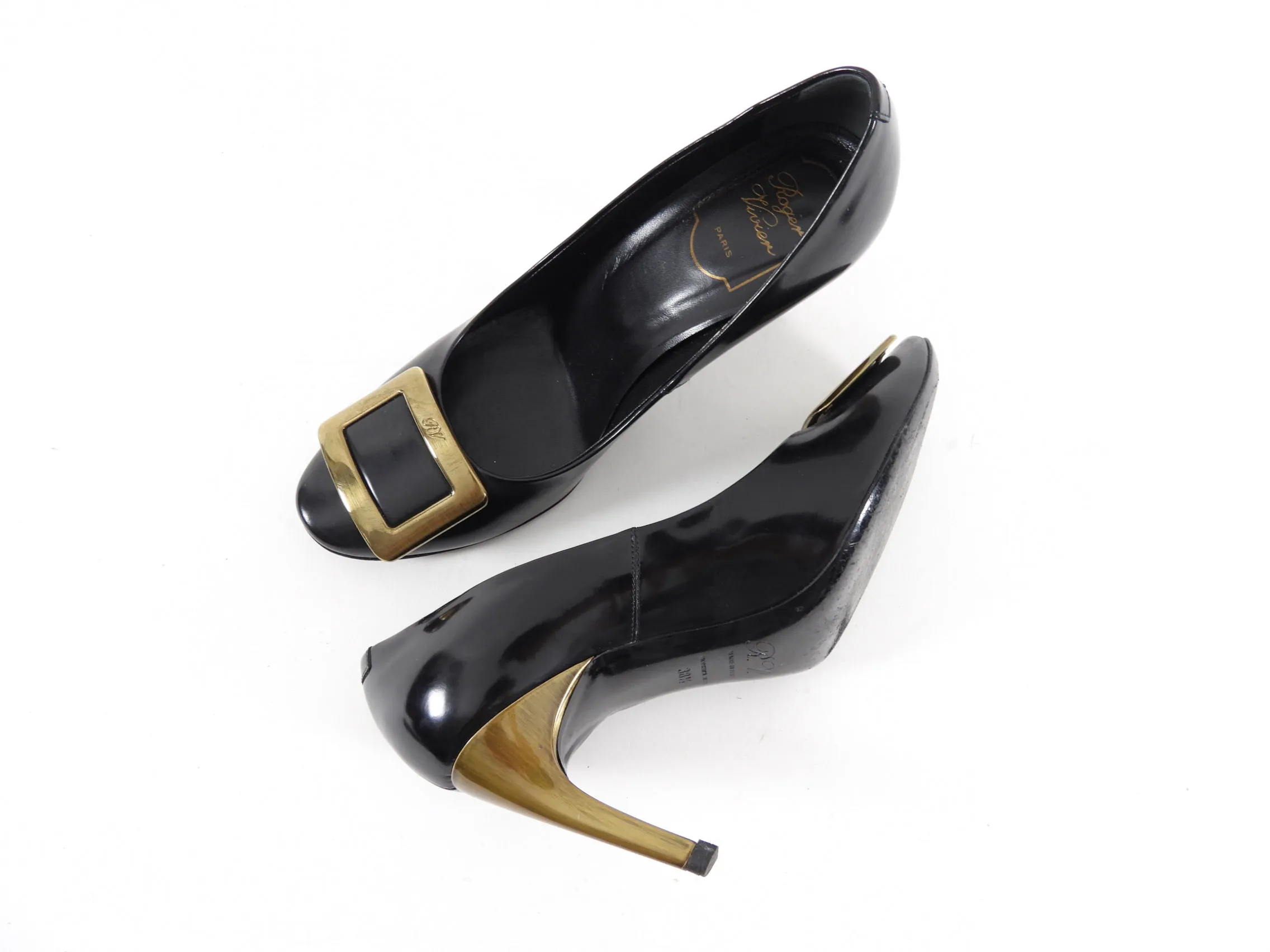 Roger Vivier Black Leather Antiqued Bronze Pumps - 38.5