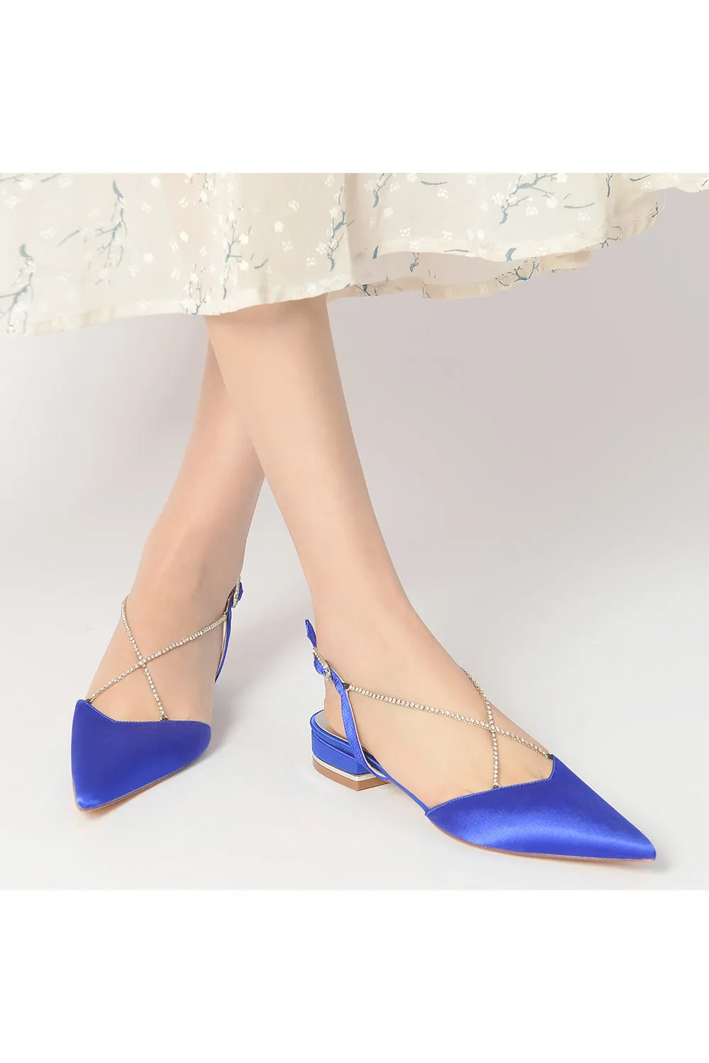 Satin Pointed Toe Beading Buckle Kitten Heels